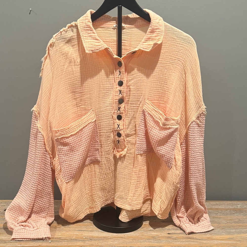 POL Light Peach Textured Button-Down Shirt
